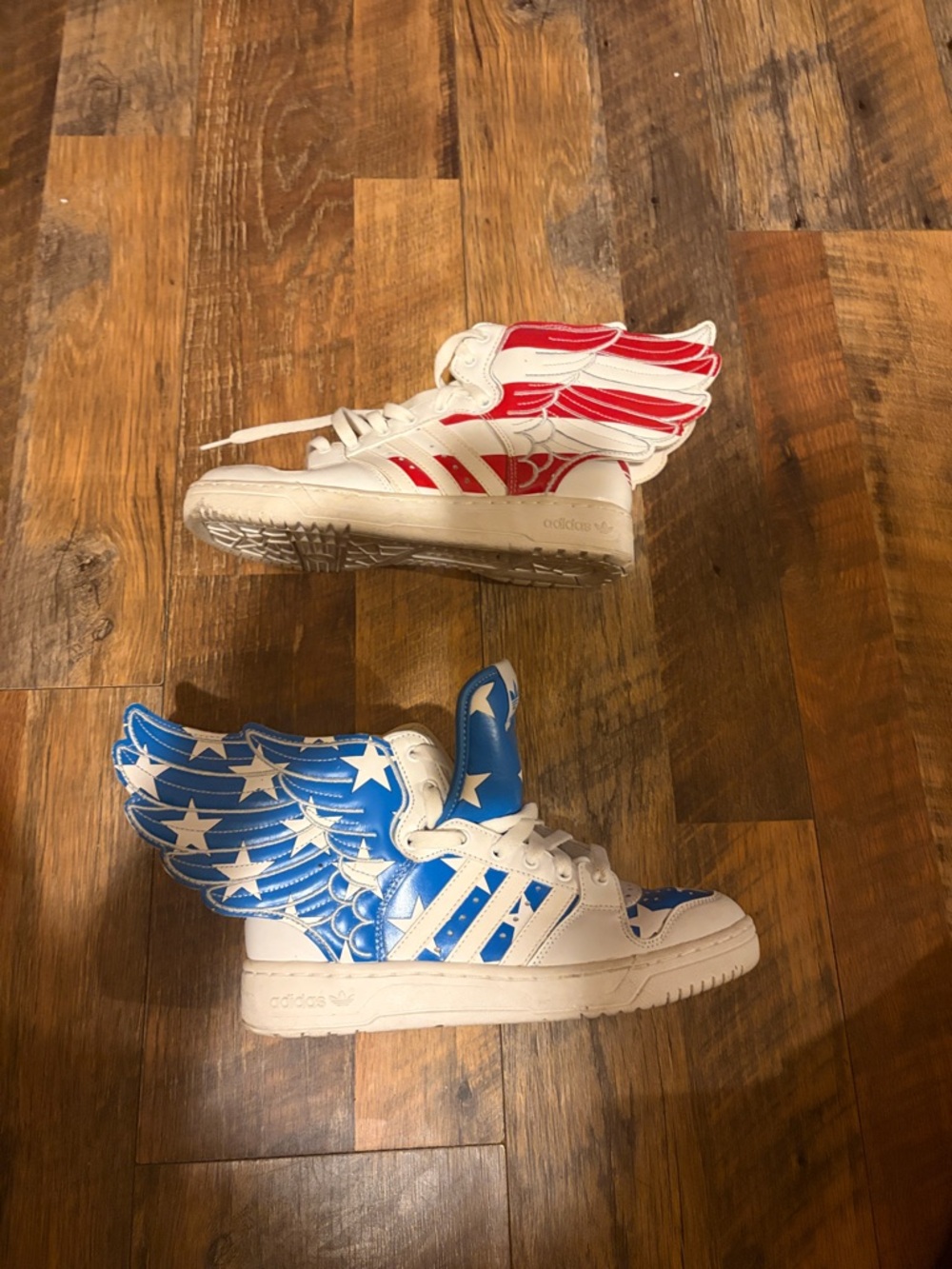Adidas Jeremy Scott Kids Winged High-Tops in White with Red & Blue Accents - Picture 2 of 5